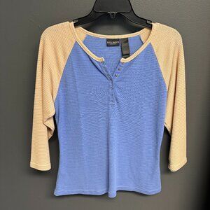 Y2K Bisou Bisou Michele Bohbot Tan Blue Baseball Style Thermal Top Womens Large